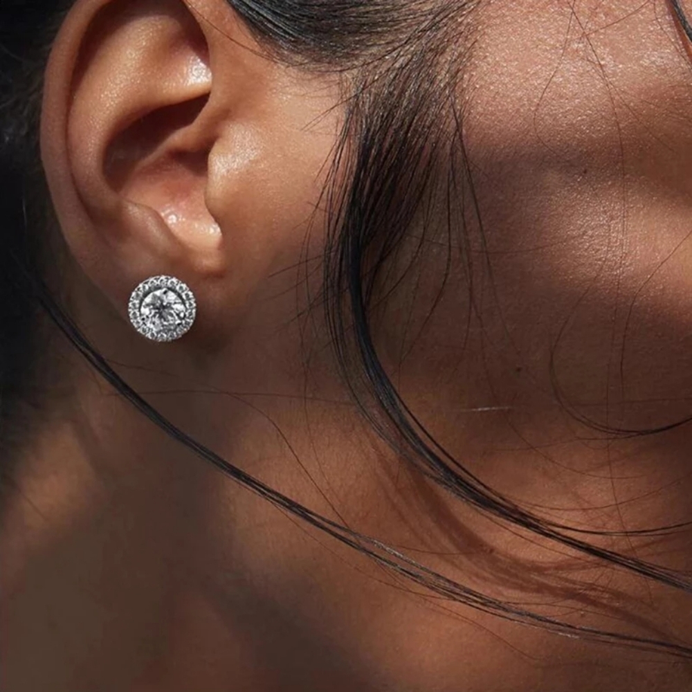 Simple Lovely Silver Round Diamond Earrings - Picture 3 of 3